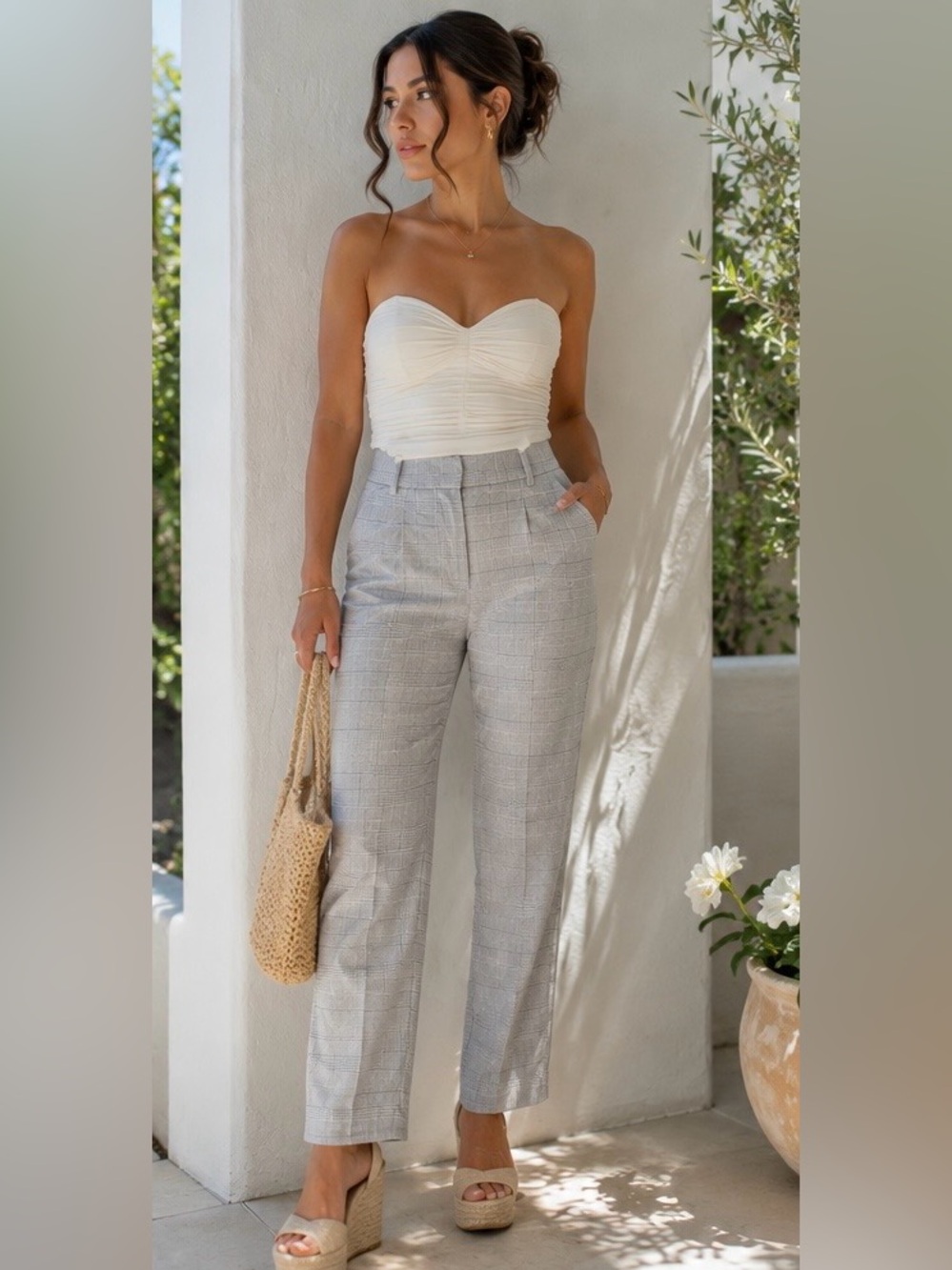 H&M Gray Plaid Ankle-Length Slacks Tapered Pants